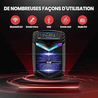 Pyle Enceinte Sono Bluetooth Portable – 1200W, Batterie, Noir Subwoofer et Tweeter LED Éclairage Micro Filaire SD,USB,AUX Radio FM Enregistrement et Roues