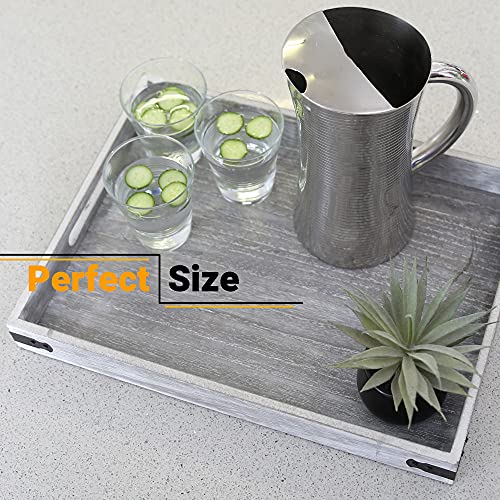 Wooden Rustic Large Serving Tray With Handles | Gray | Vintage Style | Unique Decorative Metal Corners | Wood Ottoman Tray | Outdoor Tray | Rustic Home Decor Tray | Tray For Coffee Table | Tea Tray #TOP2