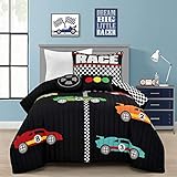 Lush Decor Racing Cars Reversible Quilt Twin Size 4 Piece Set Black & Multi - Toddler Bedding Set Twin Quilt - Car Decor