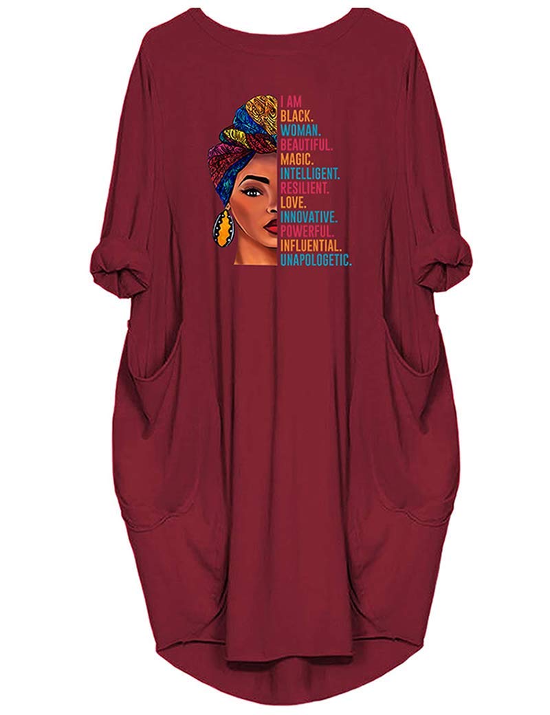 WbJetrBlack Woman Beautiful Magic Printed Loose Pocket Oversize Tunic T-Shirt Dress