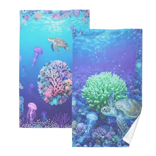 Loancwa Ocean Life Cotton Hand Towels, 16 x 28 Inches, Blue Underwater Print, 2-Pack Terry Cloth Set with Sea Turtle and Coral Reef Design, for Bathroom, Beach, Swimming