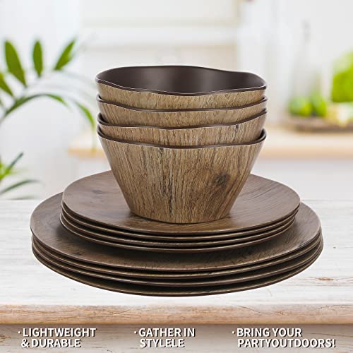 Felovuwon Melamine Dinnerware Set 12Pcs Dinner Plates And Bowls Sets For 4 Dishwasher Safe Camping Dishes Set Unbreakable Salad Plates For Casual Indoor Outdoor Dining Party Rv Camping (Wood Grain) #TOP2