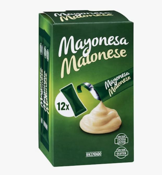 Maionese 240ml, 2 confezioni da 12 bustine ciascuna, senza lattosio e senza glutine.