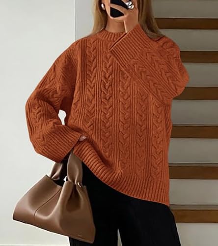 Okiwam Women's Oversized Sweaters Crewneck Cable Knit Pullover Casual Loose Fall Outfits Spring Fashion Clothes 2026-M Brick Red — view 6
