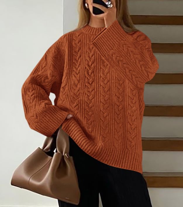 Okiwam Women's Oversized Sweaters Crewneck Cable Knit Pullover Casual Loose Fall Outfits Fashion Clothes 2025
