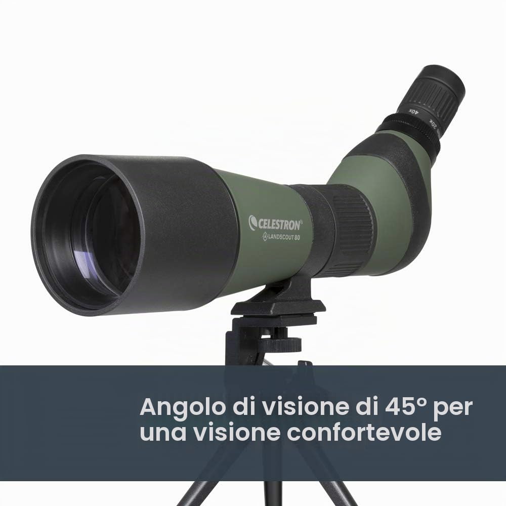 Celestron 52329 LandScout 80mm Cannocchiale ad angolo rinforzato in gomma, ottica completamente rivestita, oculare zoom 20–60x, treppiede da tavolo e adattatore per smartphone, Verde