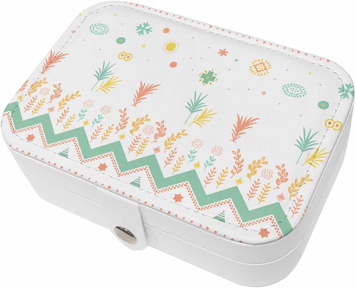 Travel Jewelry Case, Green Orange Yellow Plant Geometric PU Leather Organizer Box Portable Small Storage Decorative Cases for Ring Necklace Earring Gift for Girl Women