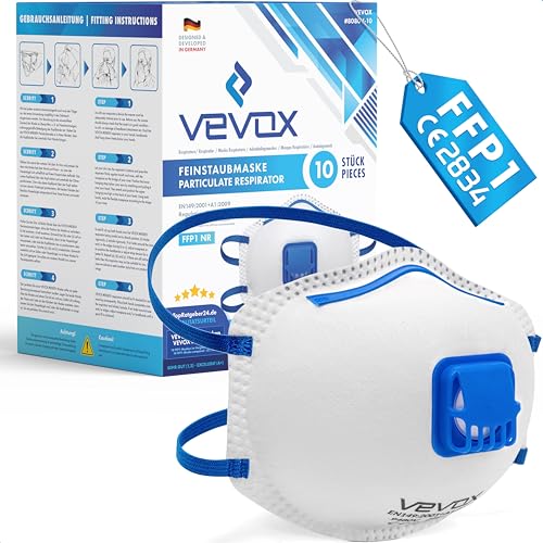 VEVOX® Mascarillas FFP1 - Set de 10 - con nasales Comfort Light - Mascarilla Antipolvo FFP1 con válvula - para la protección más fiable