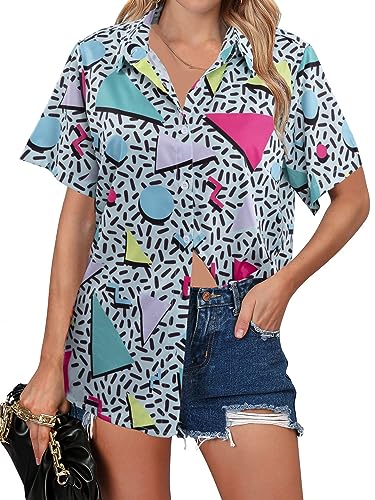 80s 90s Outfits Shirt Women Retro Disco Party Button Up Tshirt Hawaiian Beach Short Sleeve Blouse Top2