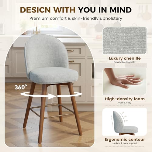 Image of Modern Swivel Bar Stools Set of 2, Chic Upholstered Counter Height(26IN) Bar Chair with Back, Solid Wood Legs and Footrest, Comfortable Chenille Bar Stool for Kitchen Island, Dove Grey