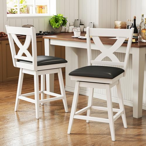 Image of Swivel Bar Stools Set of 2, Farmhouse 24 inch Counter Height Barstools with X Carved Backs, Wooden Bar Chair with Solid Wood Legs & Footrest for Kitchen Island, Home Bar, Pub. Pure White