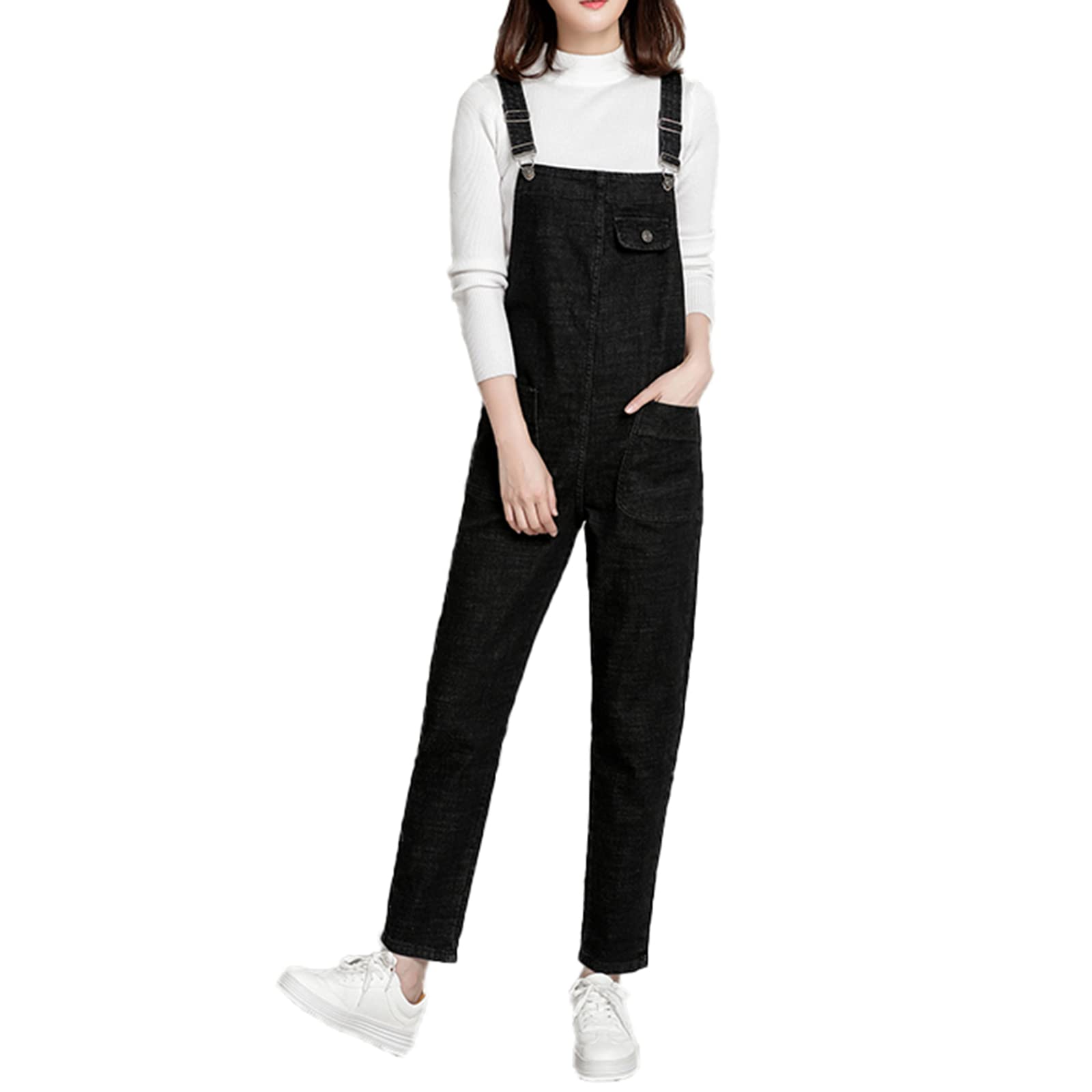 Donna Taglie Forti Salopette in Denim Stretch Lungo Overall Tuta Intera Jumpsuit Pantaloni Jeans con Pettorina (XS-5XL)