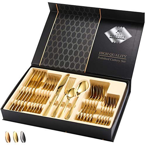 Gold Silverware Set, Avalon 24 Piece Flatware Set Service for 6, High Grade 18/10 Stainless Steel Cutlery Set, Mirror Polished, Dishwasher Safe
