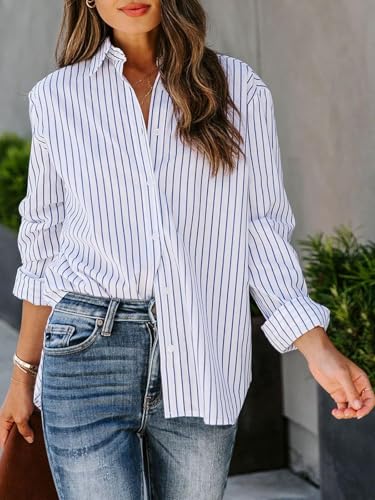 Image of siliteelon Striped Button Down Shirts Women Cotton Long Sleeve Work Blouses
