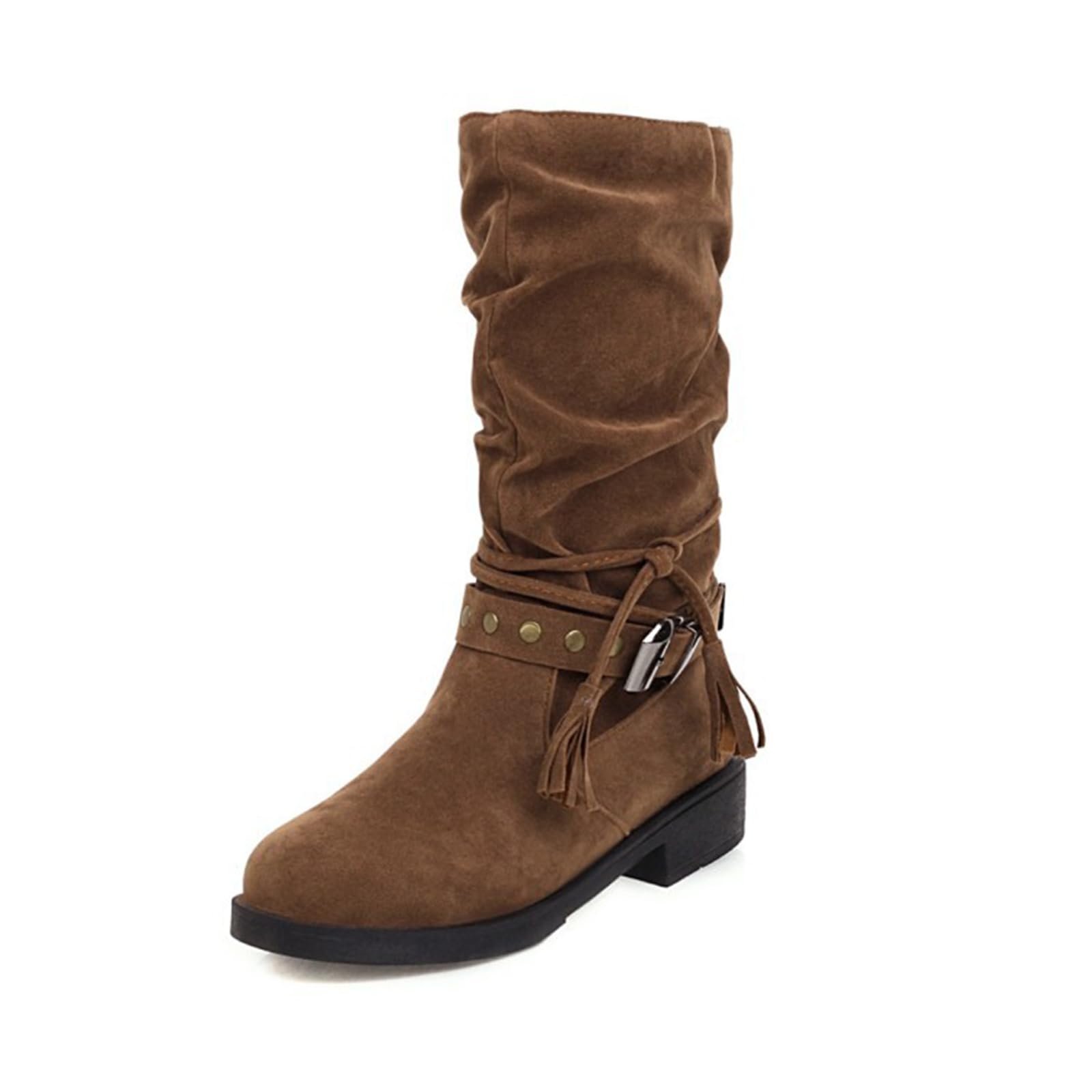 Womens Suede Pull On Low Block Heel Mid Calf Boots with Fashion Tassel Comfortable Round Toe Fashion Vintage