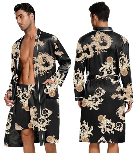 Image of SWOMOG Mens 3 PCS Satin Robe with Pants & Shorts Set Kimono Bathrobe Long Sleeve Sleepwear Pjs Sets with Pockets