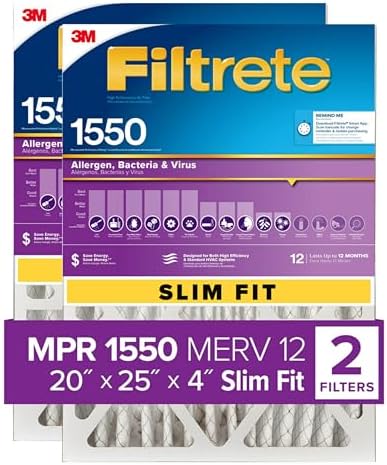 Filtrete 20x25x4 Air Filter MPR 1550 DP MERV 12, Healthy Living Ultra Allergen Deep Pleat, 2-Pack Slim Fit (3.75" width), Fits Lennox & Honeywell Devices (exact dimensions 19.5 x 24.5 x 3.75)