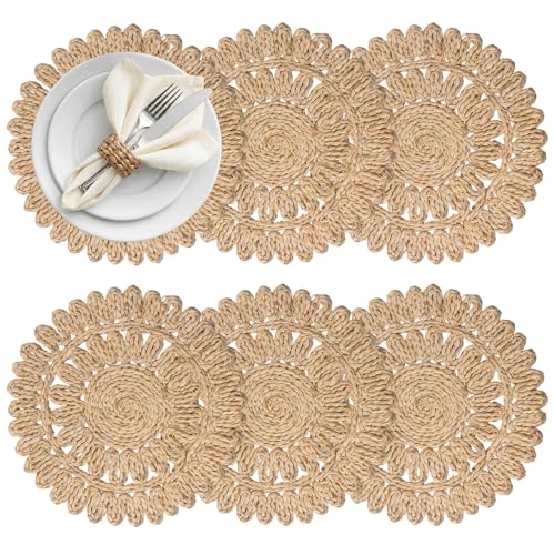 Image of 13.8 inch Set 6 Round Corn Husk Placemats | Boho Woven Rattan Table Mats | Natural Spring Farmhouse Plate Chargers | Handmade Rustic Wicker Place Mats for Christmas Wedding