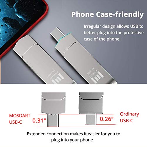 Image of MOSDART 128GB USB C 3.2 Fast Speed C and A Dual Flash Drive, exFAT Memory Stick with Keychain Loop, for iPhone 15,16,17, Android Phone, iPad, MacBook, Silver(Pack of 2)