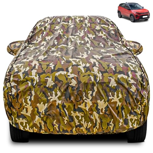 Image of FABTEC Car Body Cover for Tata Nexon Jungle Print with Soft Cotton Lining Waterproof Car Cover UV & Rain Protection with Mirror Pocket Bottom Elastic (Military /Camouflage Pattern)