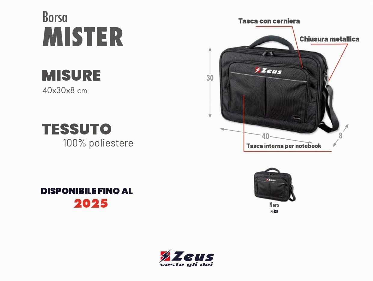 BORSA MISTER ZEUS PC PORTATILE ALLENATORE COACH BORSONE BAGS SPORT CALCIO CALCETTO ALLENAMENTO FOOTBALL (40x30X8 cm, Nero)