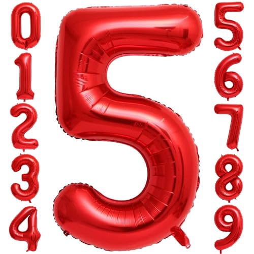 Image of Red 5 Number Balloons,40 Inch 5 Balloons Foil Mylar Helium Big Red 5 Balloon Number for Birthday Party Anniversary Decorations