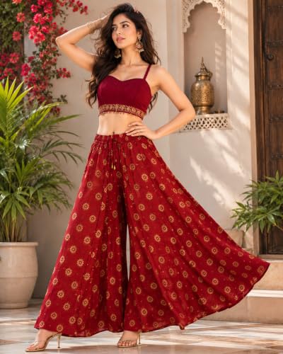 Image of TNQ Full Flared Cotton Palazzo Pants || Gold Print Printed Sharara Garara || Ethnic Or Casual Wear (IN, Alpha, 2XL, Maroon.Gold)