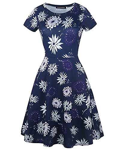 Image of oxiuly Women Casual Dress Round Neck Soft Cotton Floral A-Line Midi Summer Dresses with Pockets OX262