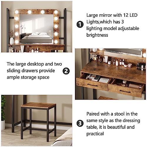 Fameill Makeup Vanity With Lights,Vanity Desk With Drawer,Vanity Table Set With Lighted Mirror,3 Color Dimmable Makeup Desk For Bedroom,Rustic Brown #TOP6