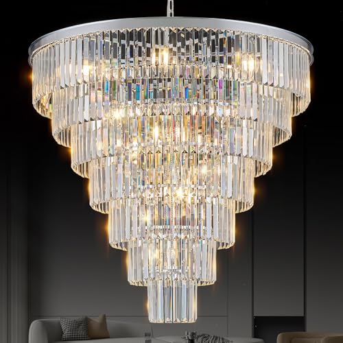 MERINEA Chrome Crystal Chandelier Large 36" Modern Round Staircase Chandeliers