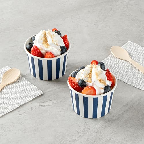 Image of Restaurantware Coppetta 4-Ounce Dessert Cups, 200 Disposable Ice Cream Cups - Lids Sold Separately, Heavy-Duty, Blue And White Paper Frozen Yogurt Bowls, For Hot And Cold Foods