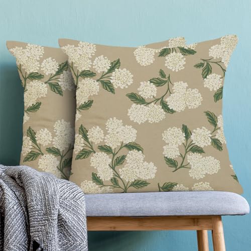 Image of AEIOAE Spring Pillow Covers 24x24 Inch Set of 2, Beige Green Hydrangea Flower Throw Pillows Case,Floral Summer Outdoor Seasonal Decorative Farmhouse Decor Cushion Covers for Home Sofa Bed Couch