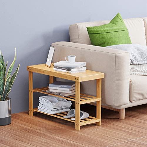 C&Ahome Shoe Rack Bench Bamboo, 3-Tier Shoe Organizer For Entryway, Shoe Storage Shelf Holds Up To 240 Lbs, Storage Benches Ideal For Bathroom Bench, Entryway, Hallway And Living Room, Natural #TOP1
