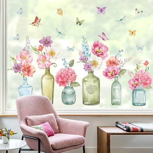 wondever Fenstersticker Garten Blumen Vasen Fenster Aufkleber Rosa Blumen...