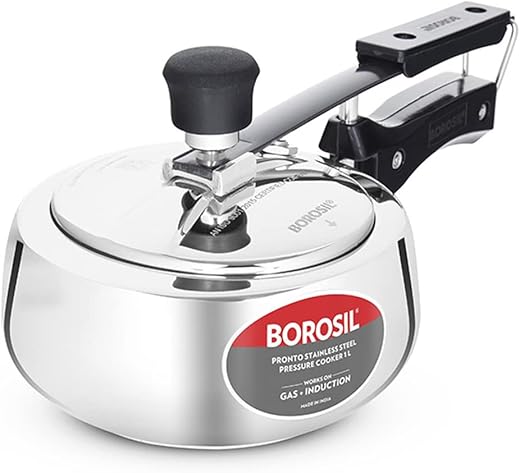 Borosil 1L Pronto Stainless Steel Pressure Cooker with Inner Lid | Gas & Induction Compatible | 6.8 mm Heavy Encapsulated Base | SS304 Food Grade |…