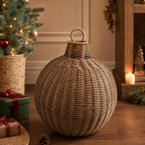 Large Faux Rattan Christmas Bells 9.84'', Rustic Farmhouse Woven Balls - image 5