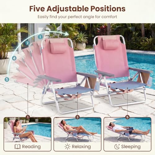 Image of Giantex Folding Beach Chair, Patio Sling Chairs with 5 Adjustable Position, Head Pillow, Storage Bag, Towel Bar, Cup Holders, Backpack Chairs for Sunbathing, Camping Chair
