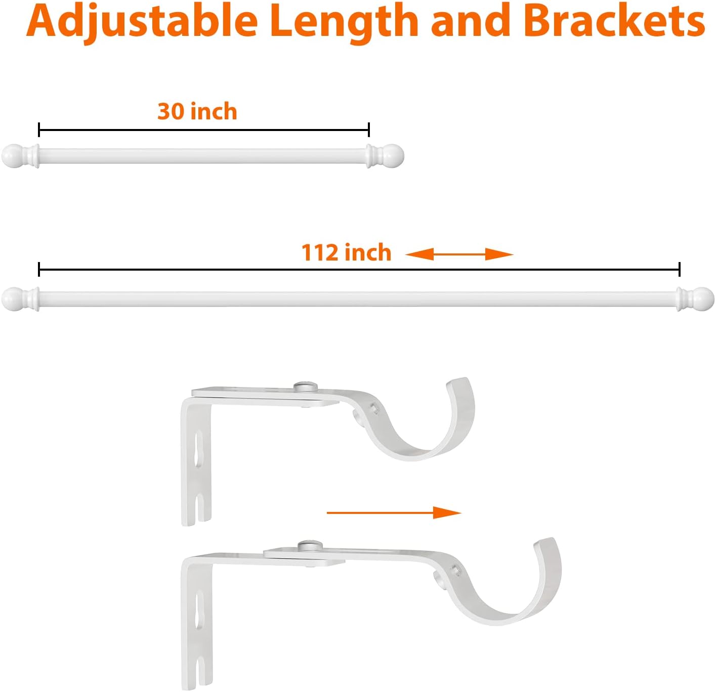White Curtain Rods for Windows 66 to 112, 1 inch Heavy Duty Curtain Rod with Adjustable Brackets for room, outdoors, Easy Install Drapery Rod, Ball Finials, White