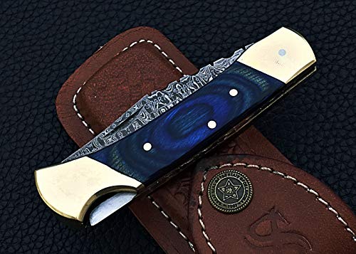 Smart & Sharp Custom Handmade Damascus Steel Folding Knife/Pocket Knife Ar-17395 (Blue Colored Wood) (Blue) #TOP5