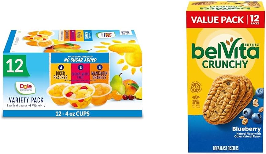 Dole Fruit Bowls No Sugar Added Lunch Snacks, 12 Cups and belVita Blueberry Breakfast Biscuits, Value Pack, 12 Packs, Variety Pack