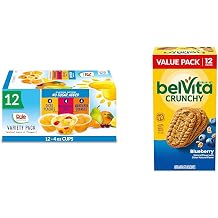 Dole Fruit Bowls No Sugar Added Lunch Snacks, 12 Cups and belVita Blueberry Breakfast Biscuits, Value Pack, 12 Packs, Variety Pack