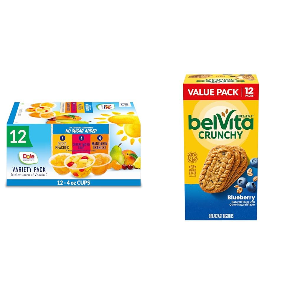 Dole Fruit Bowls No Sugar Added Lunch Snacks, 12 Cups and belVita Blueberry Breakfast Biscuits, Value Pack, 12 Packs, Variety Pack