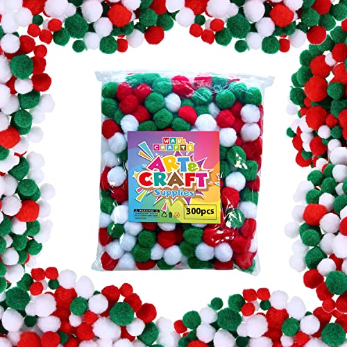 WAU Crafts 300 Pieces Christmas Pom Poms 1inch for DIY, Creative Christmas Crafts Decorations (Red, Green, White)
