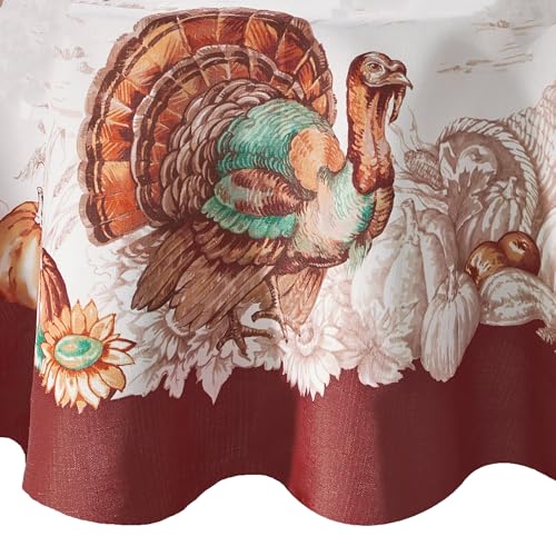Elrene Home Fashions Holiday Turkey Bordered Fall Wrinkle Resistant Tablecloth, Seasonal Dining-Table Cover, 70" Round