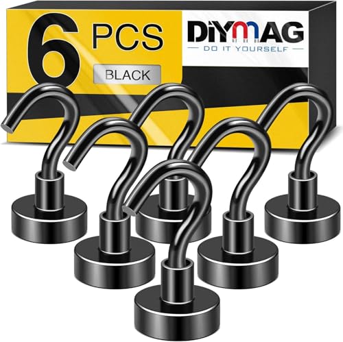 DIYMAG - DIYMAG Black Magnetic Utility Hooks, 25Lbs Heavy Duty Rare Earth Magnet Hooks with Nickel Coating for Kitchen, Cruise, Classroom, Workplace, Office and Garage etc, 6 Packs