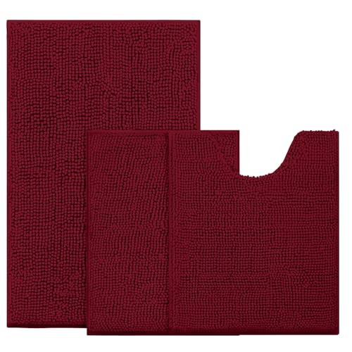 Image of BYSURE Burgundy Red Bathroom Rugs Sets 3 Piece Non Slip Extra Absorbent Plush Chenille Soft Washable Bath Mats