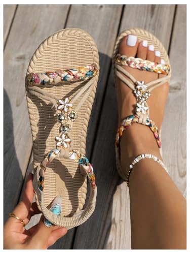 SweatyRocks Women's Floral Braided Flat Sandals Ankle Strap Open Toe Vocation Beach Sandals2