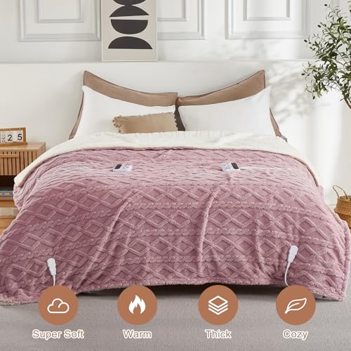 CAROMIO Electric Blanket Queen Size Dual Control - Thick Tufted Sherpa Heated Blanket Queen with 10 Heat Levels and 10 Time Settings, ETL Certified Fast Heating Blanket Queen Size 84"×90", Dusty Pink