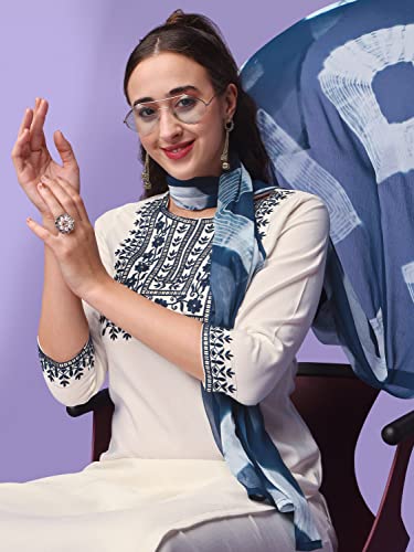 Image of Naixa Women's OffWhite Viscose Rayon Embroidered Straight Kurta with Pant and Printed Dupatta Set