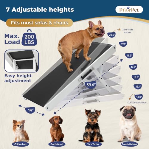 Image of Dog Ramp for Couch - Non-Slip, Sturdy Build Foldable Wooden Dog Ramp - Supports up to 200 lbs - 7 Adjustable Heights (14 inch-20.5 inch) - Enhanced Stability - Birchwood Pet Ramp for Small Dogs - White